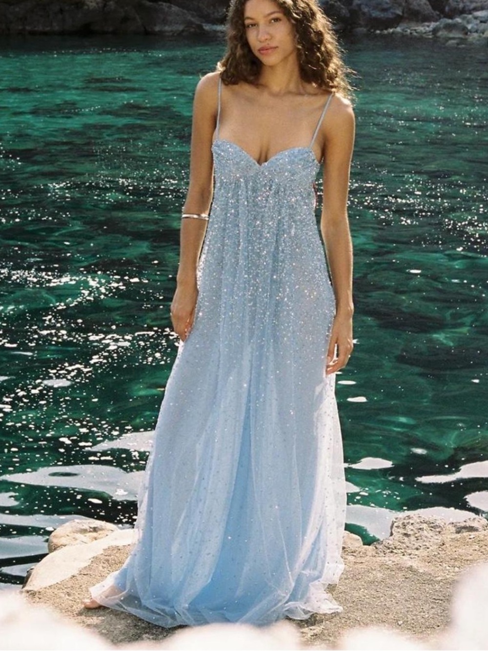 Wallie Baby Blue Rhinestone
Embellished Mesh Backless gown